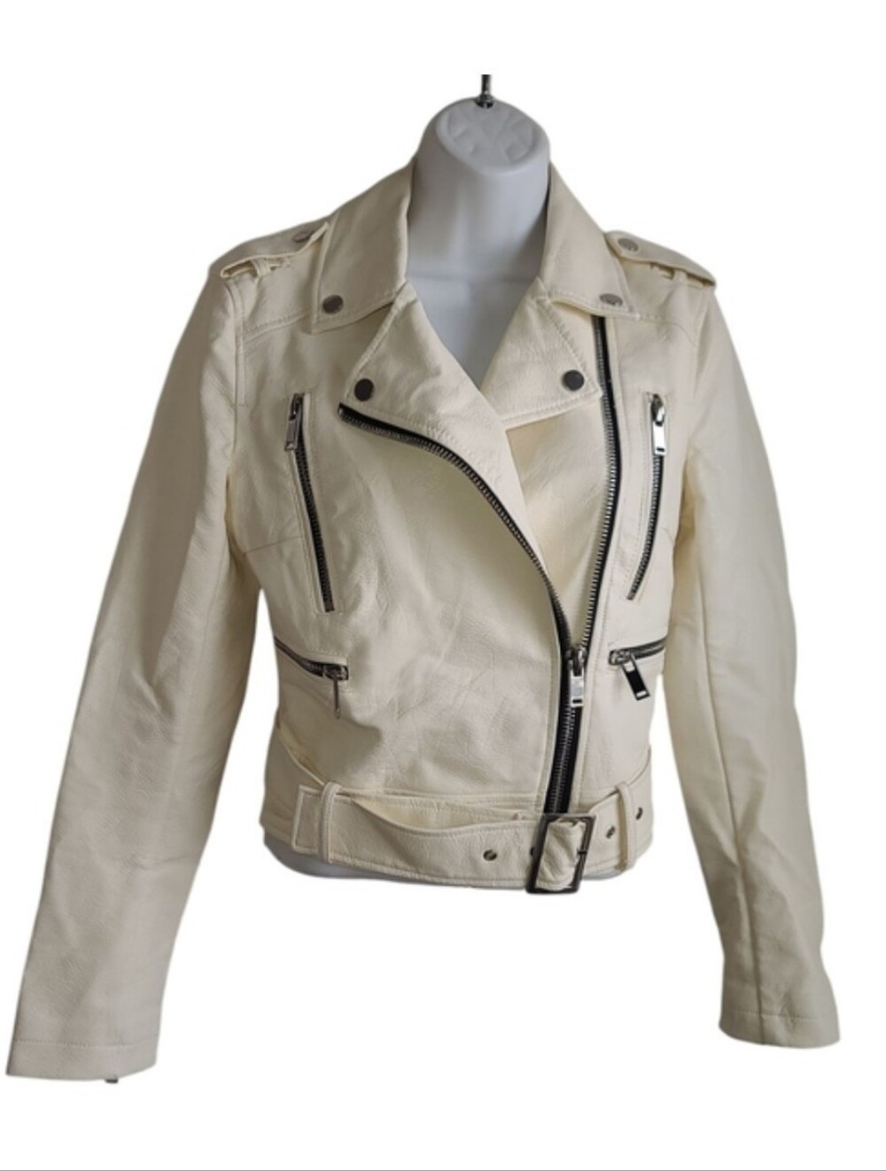 Cream Faux Leather Moto Jacket With Asymmetrical Zippers S/M